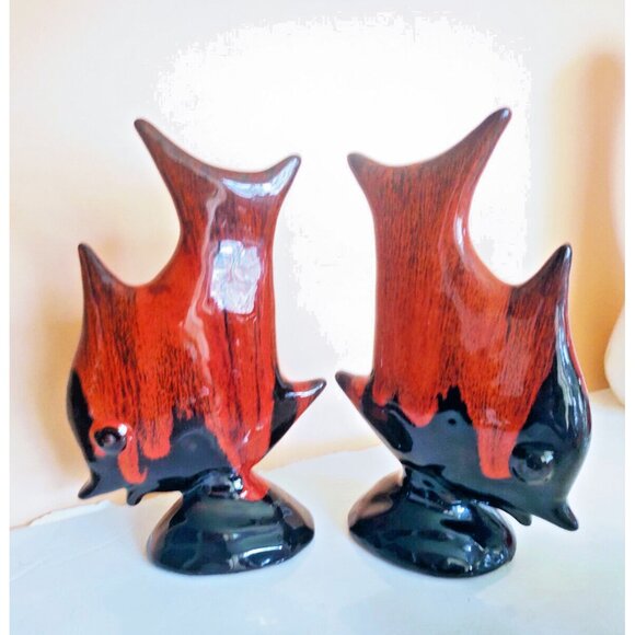 Canuck pottery Canada Angelfish Figurines(set of 2) Red Drip Glaze 8" tall - Picture 10 of 11